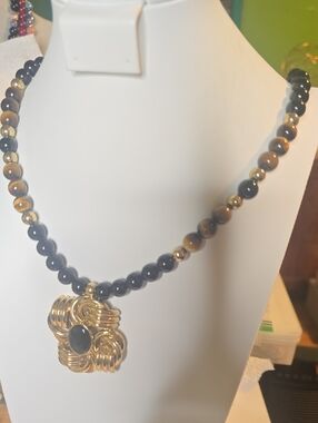 Gold Pendant Bead Necklace with Black and Brown Beads